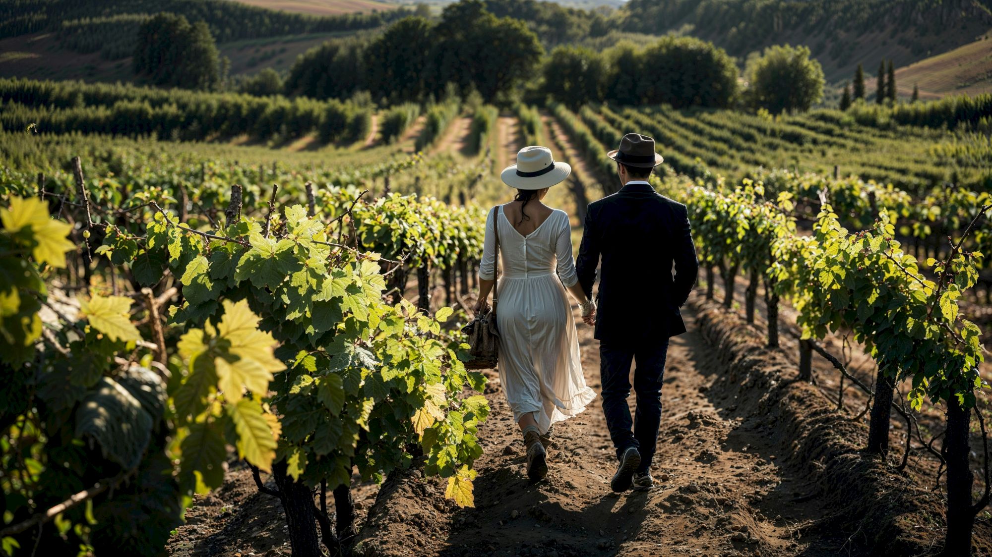 A couple walks hand in hand through a lush vineyard, with rows of grapevines extending into the scenic countryside under a sunny sky.