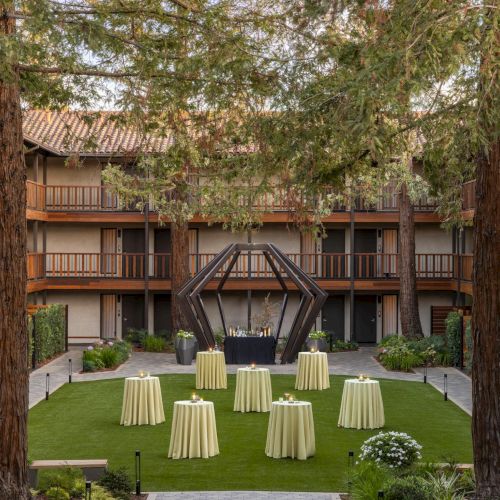 An outdoor courtyard with brick buildings, green lawn, trees, wooden benches, and string lights, bathed in daylight.
